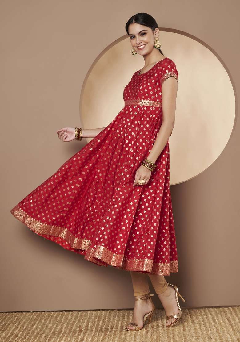 Red Printed Chanderi Silk Anarkali kurta - Indya