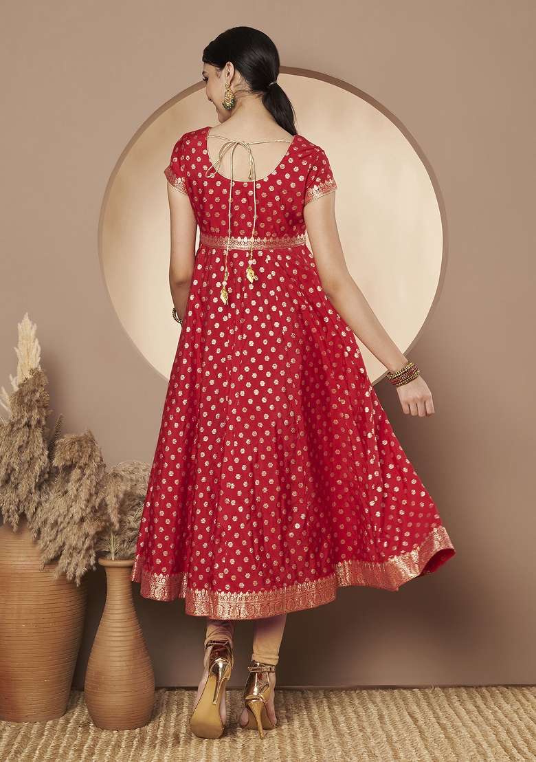 Red Printed Chanderi Silk Anarkali kurta - Indya