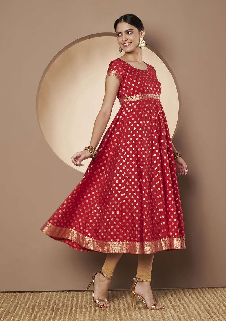 Red Printed Chanderi Silk Anarkali kurta - Indya