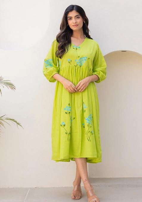 Parrot Green Printed Kota Checks Kurta