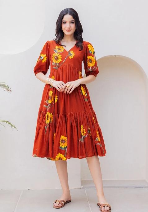 Rust Printed Kota Checks Kurta