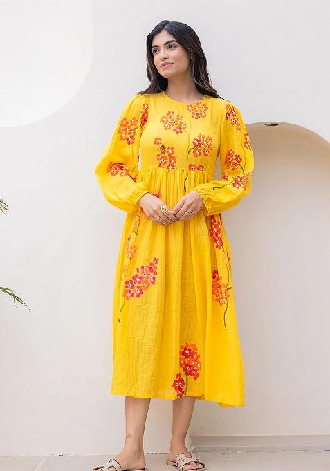Yellow Printed Kota Checks Kurta