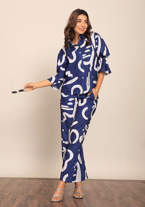 Blue And White Motif Cotton Shirt