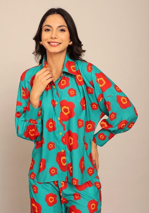 Sea Green And Red Motif Georgette Shirt
