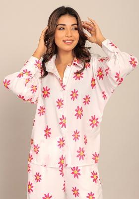 White And Red Motif Georgette Shirt