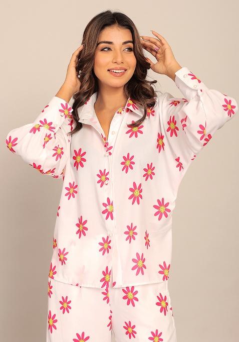 White And Red Motif Georgette Shirt