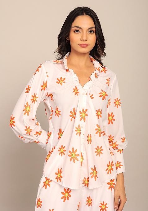 White And Orange Motif Georgette Shirt