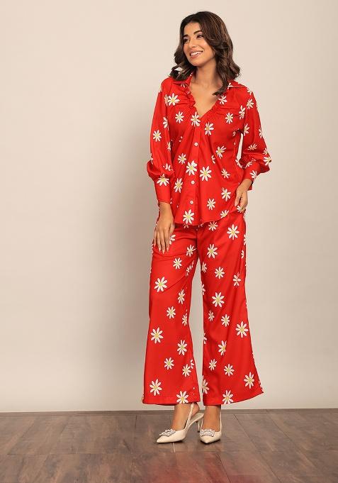 Red And White Motif Georgette Shirt