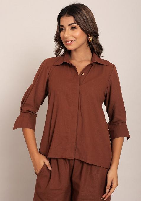 Brown Motif Cotton Slub Shirt