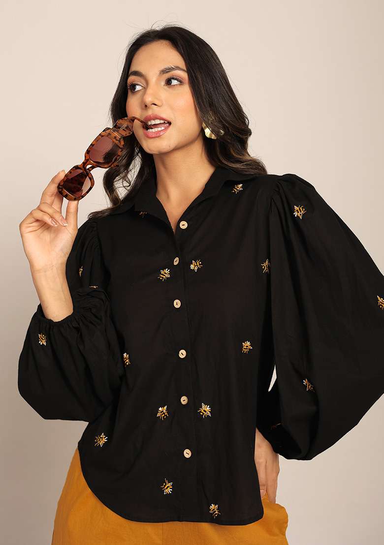 Black Motif Cotton Shirt - Indya