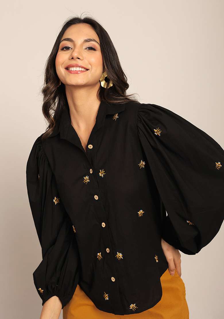 Black Motif Cotton Shirt - Indya