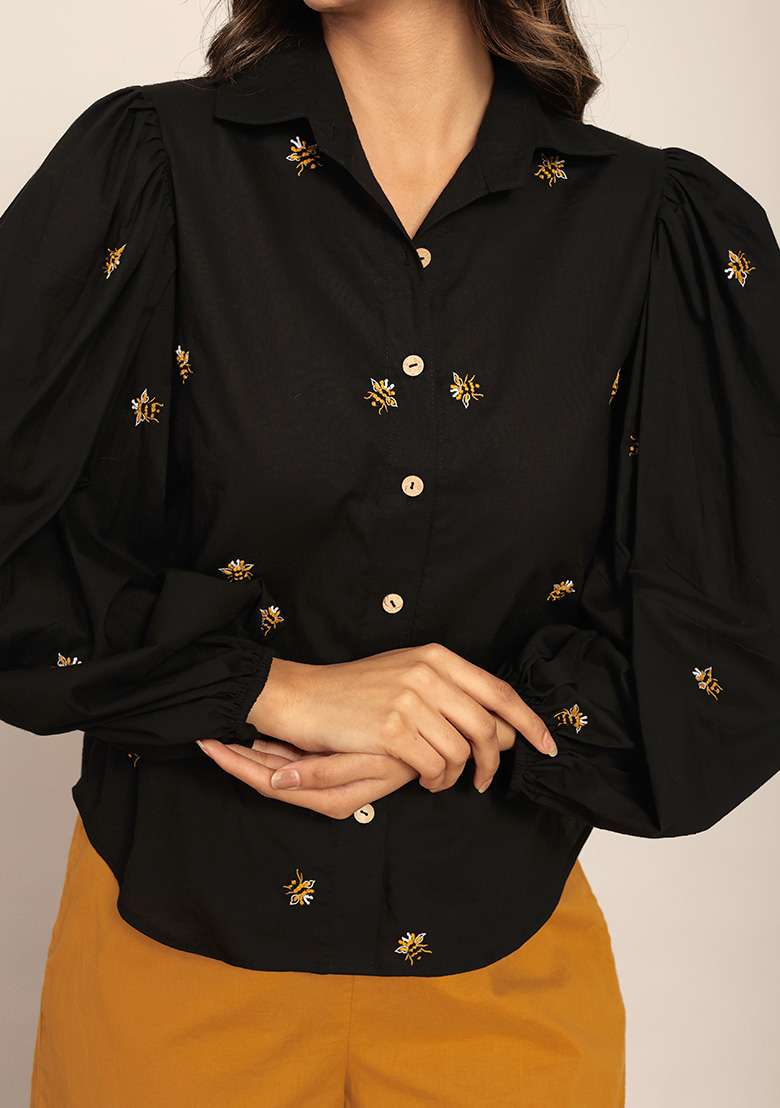 Black Motif Cotton Shirt - Indya