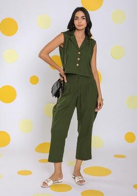 Olive Green Motif Linen Top