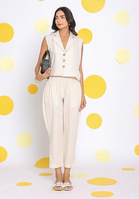 Off White Motif Linen Top