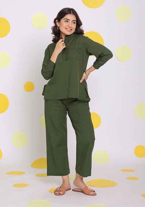 Olive Green Motif Linen Shirt