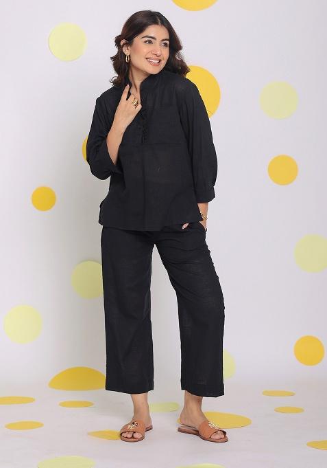 Black Motif Linen Shirt