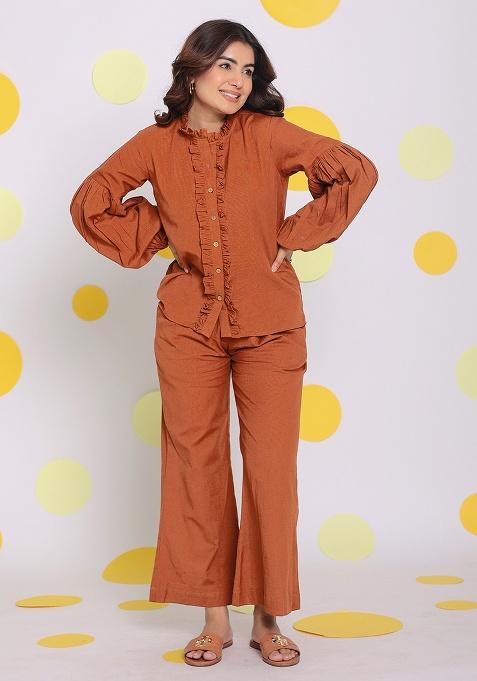 Brown Motif Linen Shirt