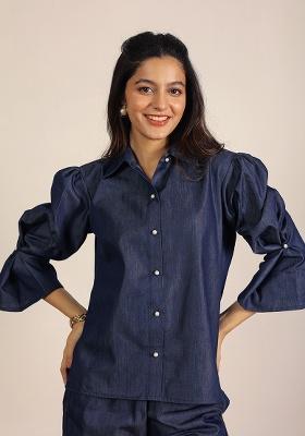 Dark Blue Motif Cotton Denim Shirt