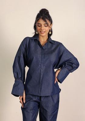 Dark Blue Motif Cotton Denim Shirt