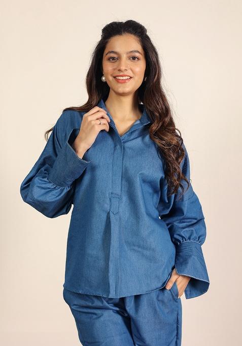 Blue Motif Cotton Denim Shirt