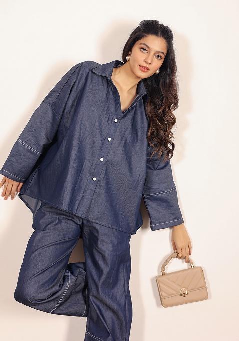 Dark Blue Motif Cotton Denim Shirt