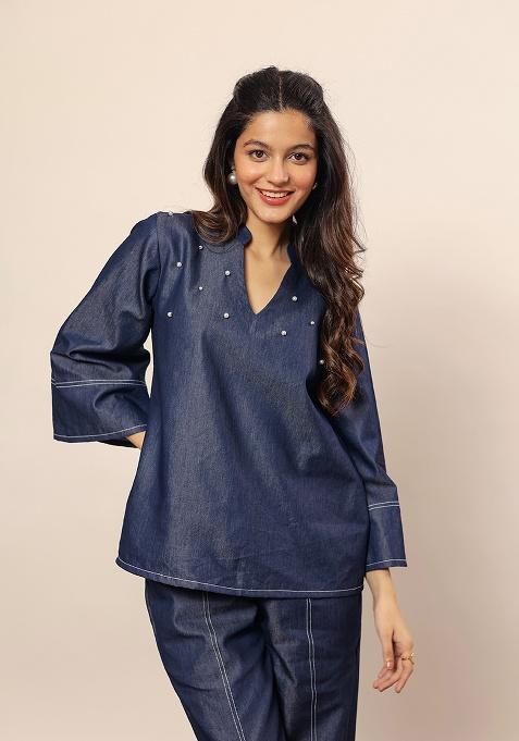 Dark Blue Motif Cotton Denim Shirt