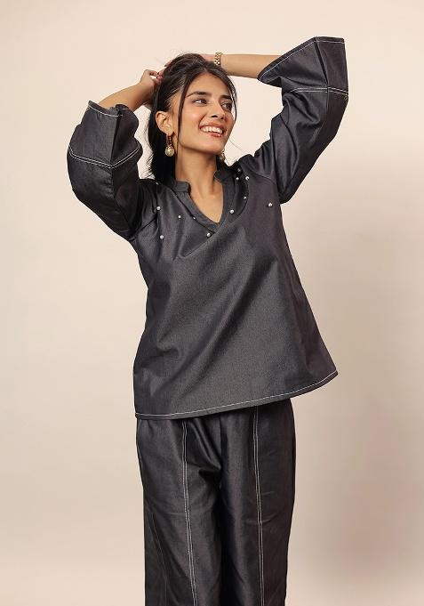 Black Motif Cotton Denim Shirt