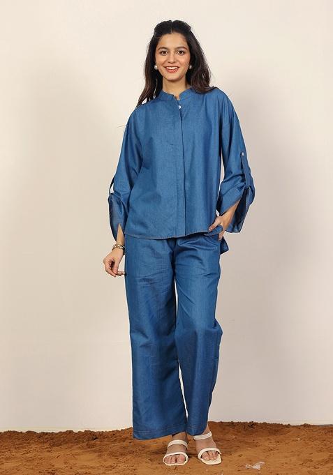 Blue Motif Cotton Denim Shirt