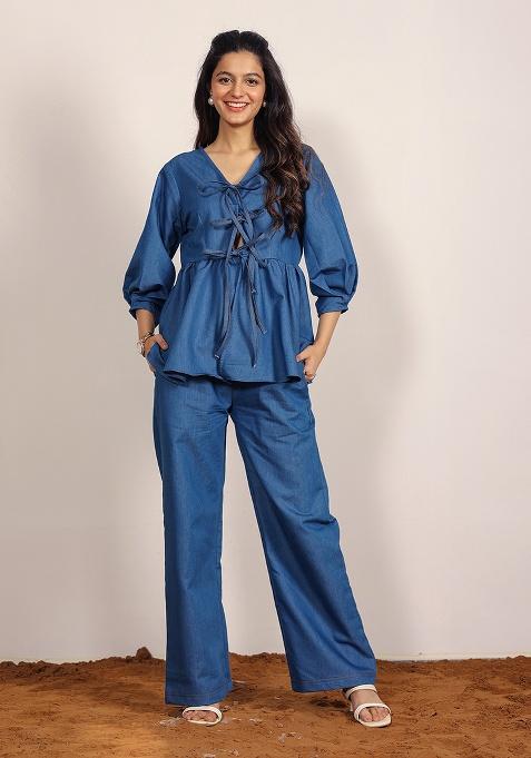 Blue Motif Cotton Denim Shirt