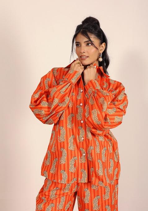 Orange And Multi Motif Cotton Shirt