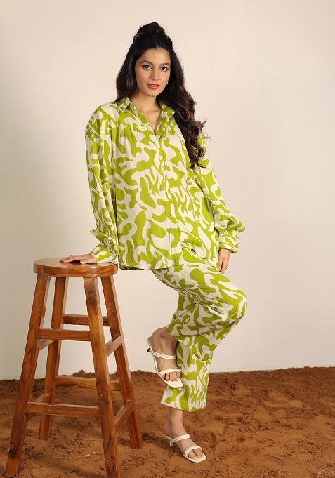 Green And White Motif Cotton Linen Blend Shirt