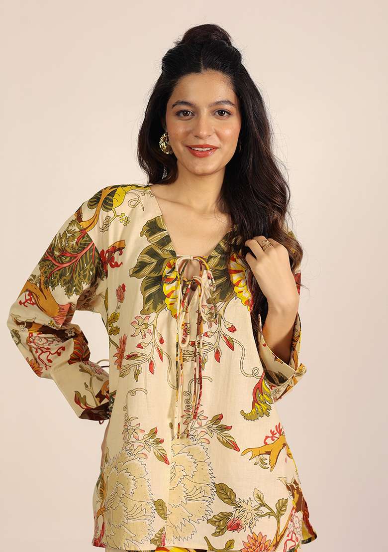 Beige And Multi Motif Cotton Top - Indya