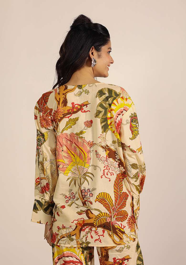 Beige And Multi Motif Cotton Top - Indya