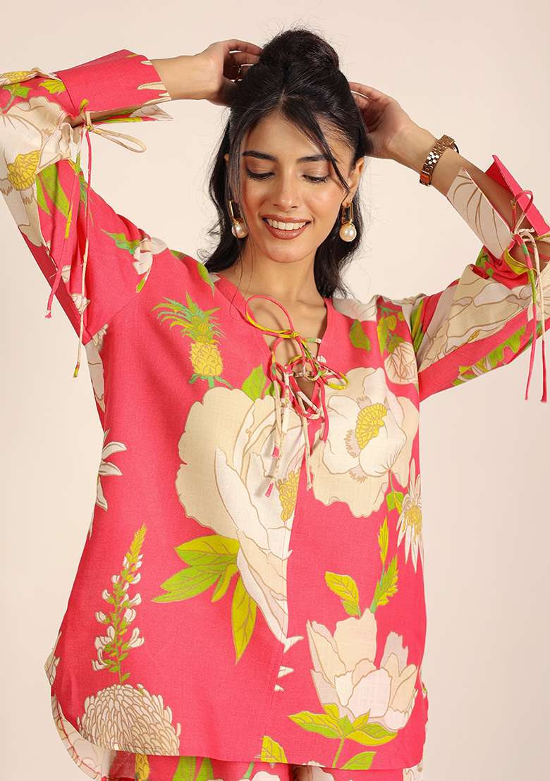 Pink And Multi Motif Cotton Linen Blend Top - Indya