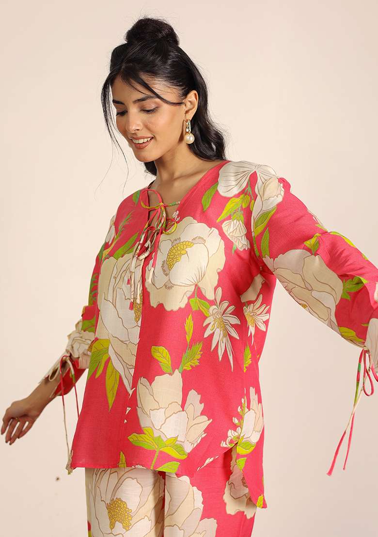 Pink And Multi Motif Cotton Linen Blend Top - Indya