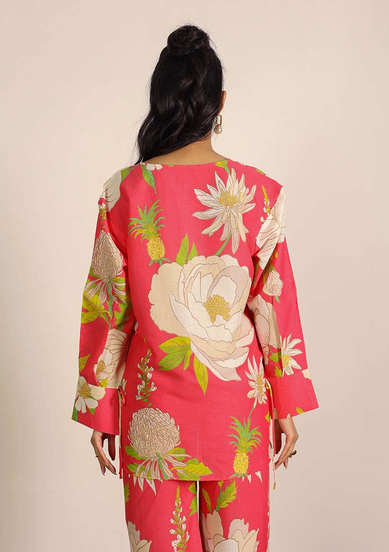 Pink And Multi Motif Cotton Linen Blend Top - Indya