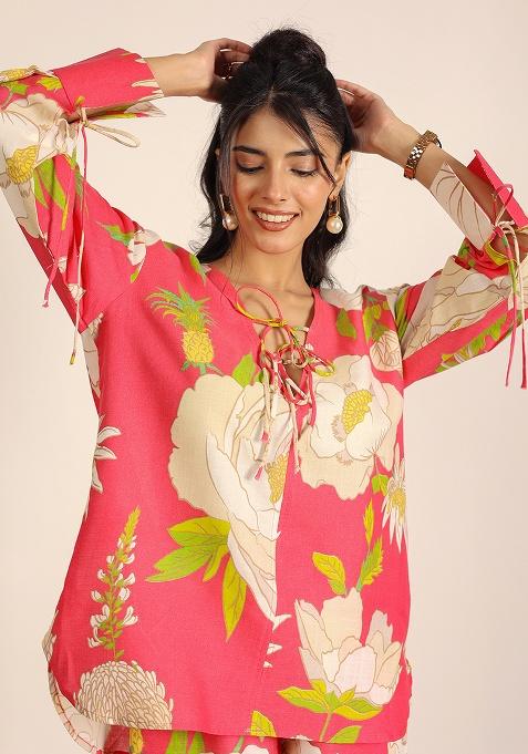 Pink And Multi Motif Cotton Linen Blend Top