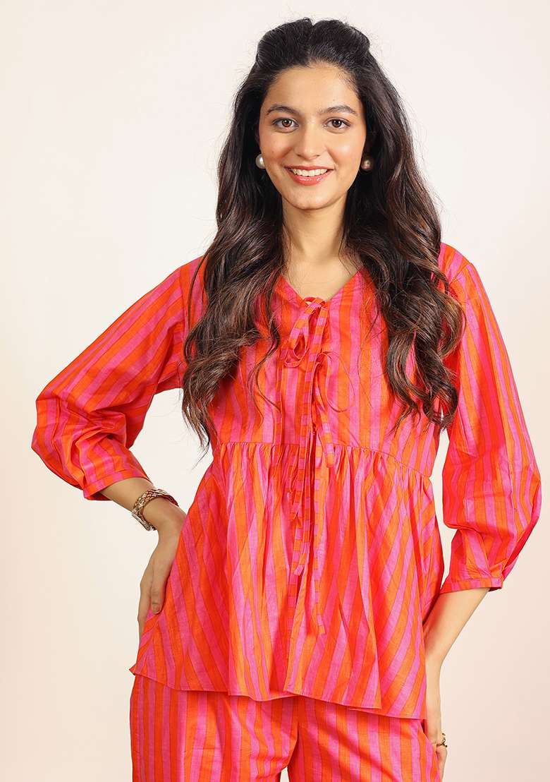 Orange And Pink Motif Cotton Top - Indya