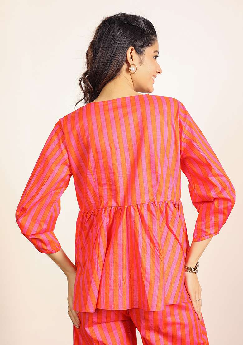 Orange And Pink Motif Cotton Top - Indya