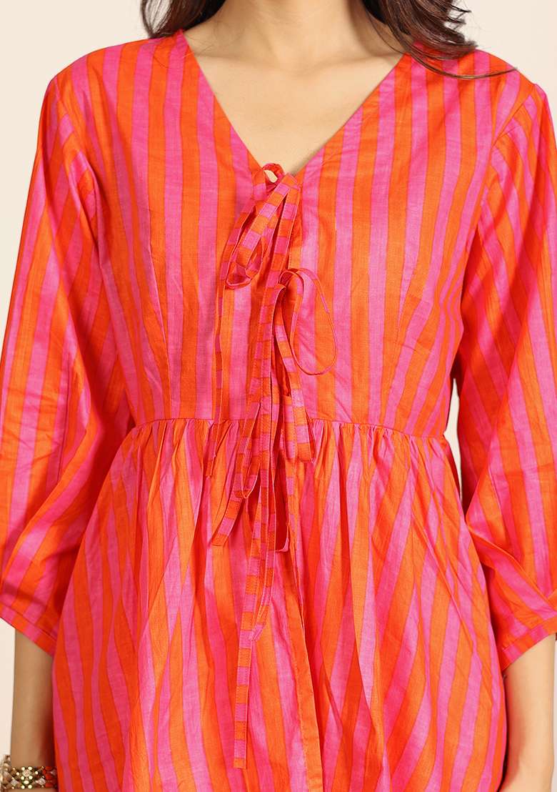 Orange And Pink Motif Cotton Top - Indya