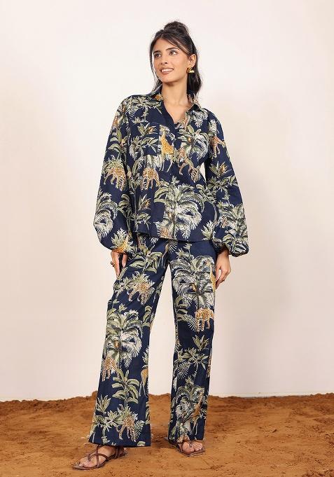 Navy Blue And Multi Motif Cotton Shirt