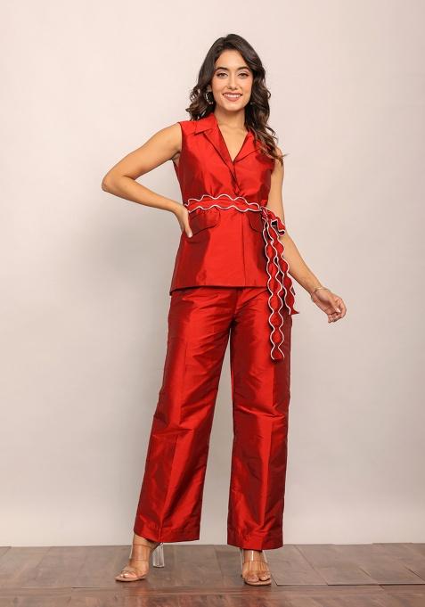 Red Maroon Motif Blended Top