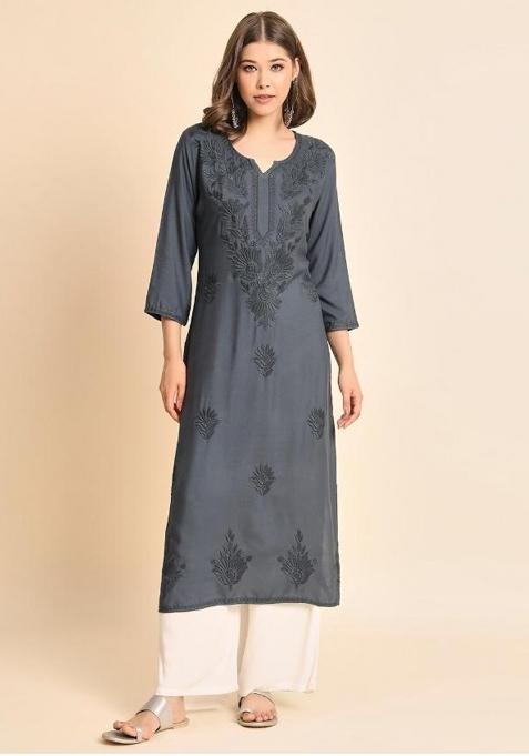 Grey Lucknowi Chickenkari Work Rayon Kurti