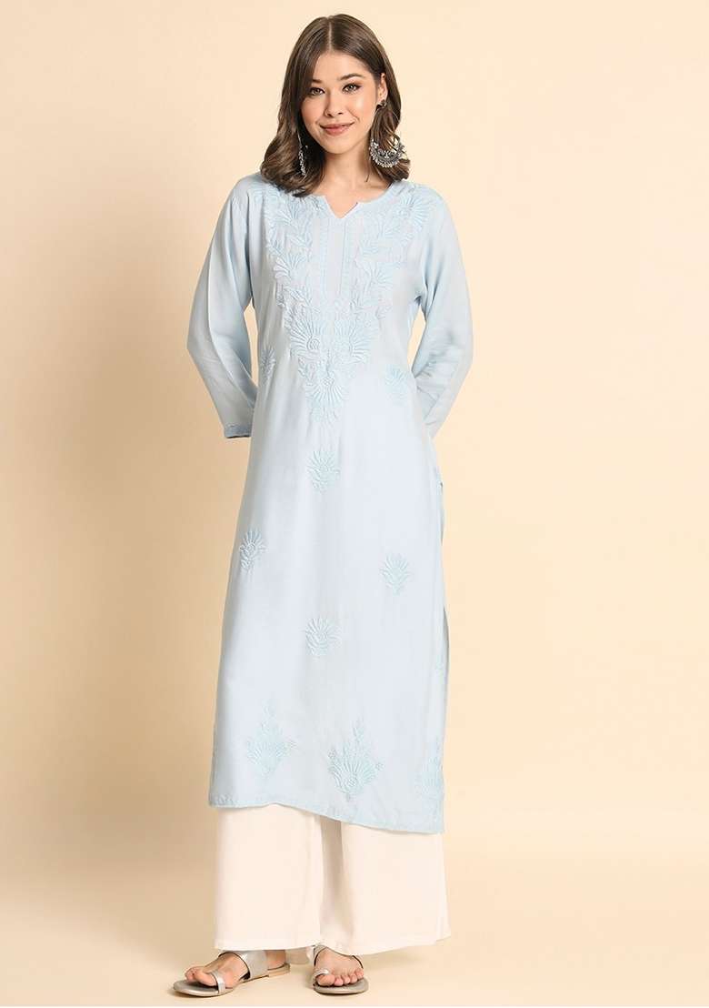 Sky Chikankari Rayon Kurta - Indya