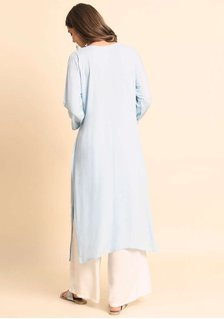 Sky Chikankari Rayon Kurta - Indya
