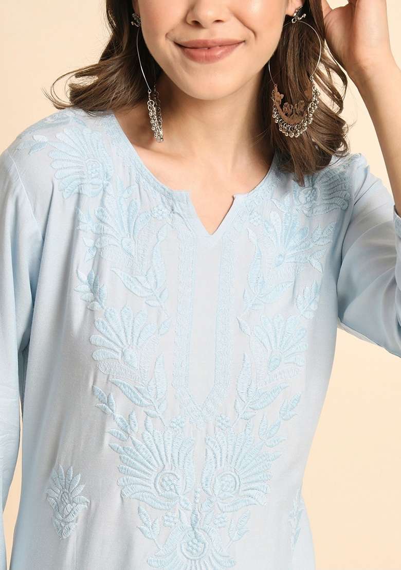Sky Chikankari Rayon Kurta - Indya