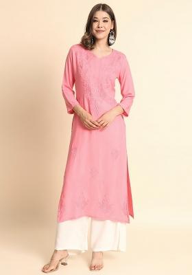 Pink Embroidery Rayon Straight Kurta