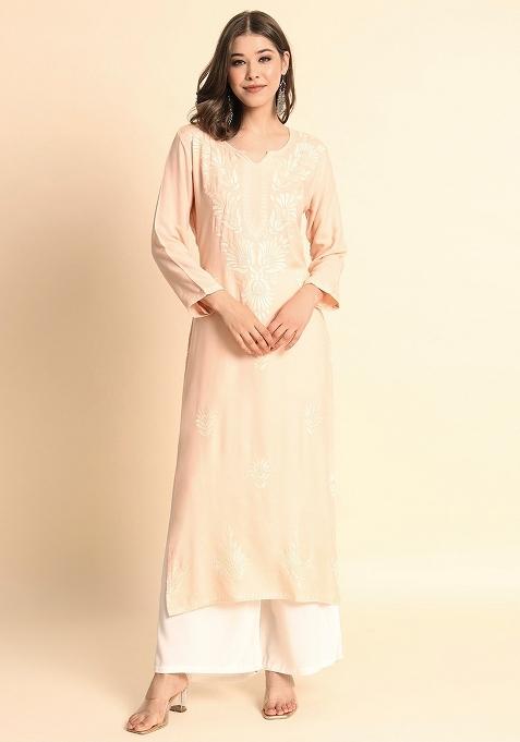 Peach Lucknowi Chickenkari Work Rayon Kurti
