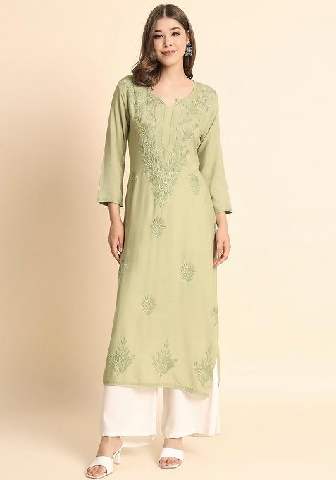 Green Lucknowi Chickenkari Work Rayon Kurti