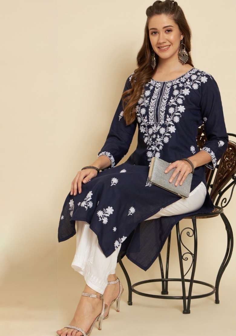 Navy Blue Chikankari Cotton Straight Kurta - Indya
